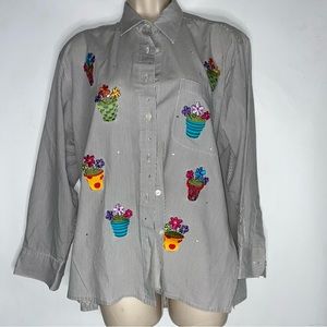 Mili Designs Embroidered Floral Potted Plants Button-Down Shirt, Size Medium